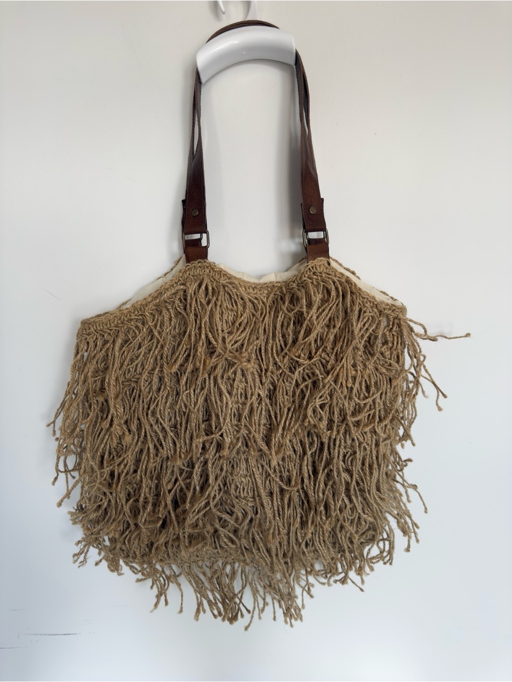 3. Indaba Natural Jute Fringe Tote Bag Leather Straps Boho Beach